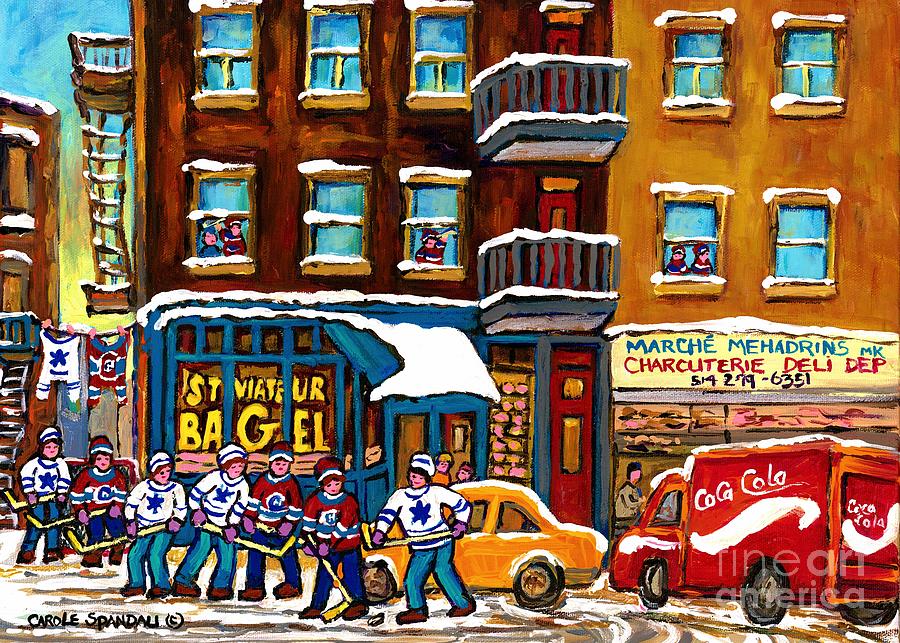 Hockey Game St Viateur  Street Laneway Coca Cola Delivery Montreal Memories Bagel Shop Kosher Deli   Painting by Carole Spandau