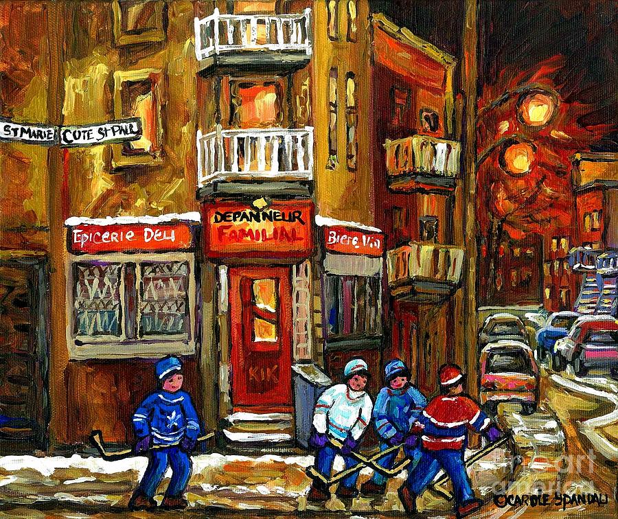 Hockey Game This Evening At Depanneur Familiale In Ville Emard Montreal Best Canadian Hockey Art Painting by Carole Spandau