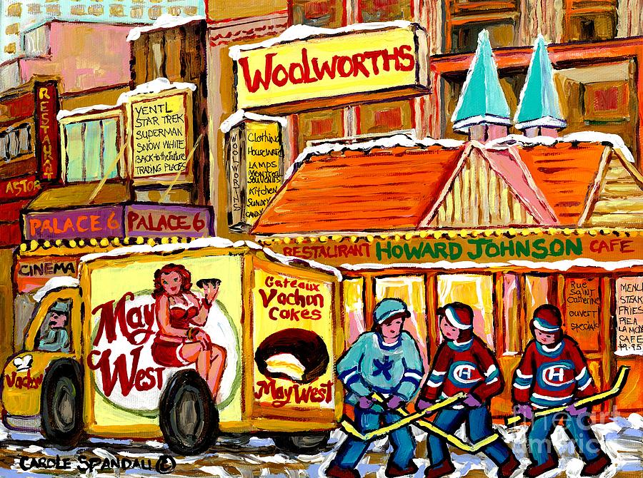 Hockey Painting - Hockey Game At Howard Johnsons Downtown Montreal Winter City Scene Montreal Memories Canadian Art  by Carole Spandau