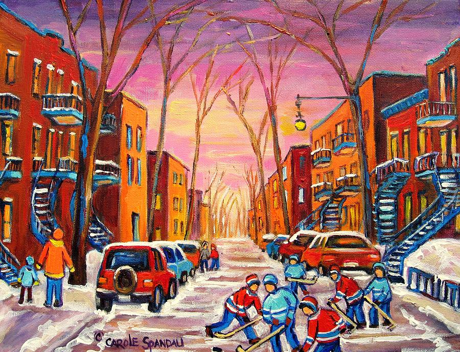 Hockey On Hotel De Ville Street Painting by Carole Spandau