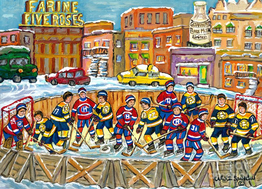 Hockey Rink Painting Boston Vs Montreal 1979 Cityscene Five Roses And Milk Bottle Skyline C Spandau Painting by Carole Spandau