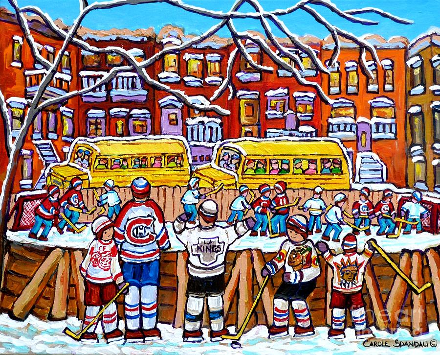 Outdoor Hockey Rink Scene Neighborhood School Buses Six Team Jerseys Canadian Art Carole Spandau Painting by Carole Spandau