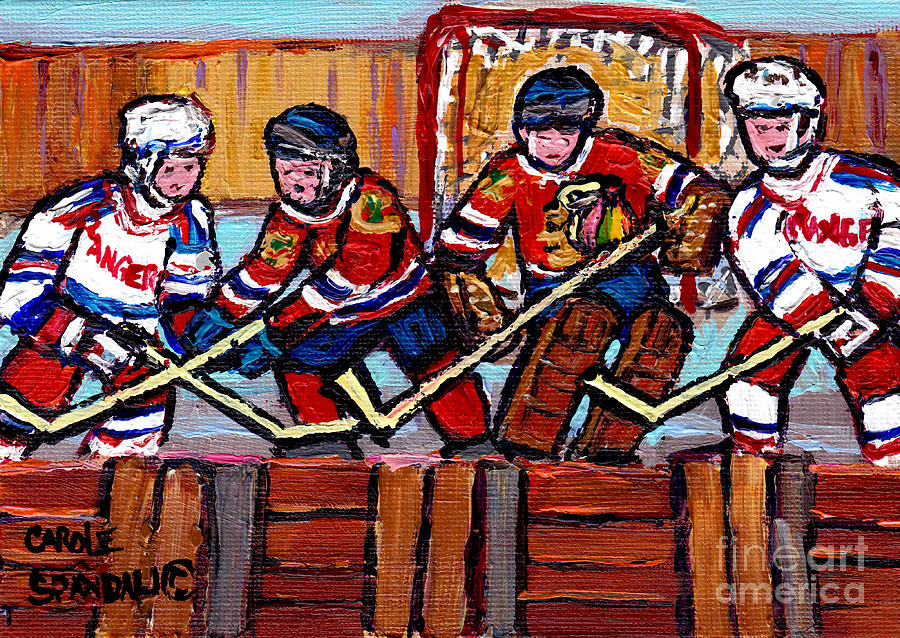 Hockey Rink Paintings New York Rangers Vs Chicago Black Hawks Original Six Hockey Art Carole Spandau Painting by Carole Spandau