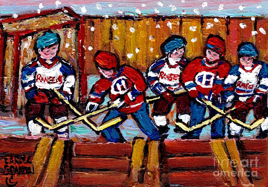 Hockey Rink Paintings New York Rangers Vs Habs Original Six Teams Hockey Winter Scene Carole Spandau Painting by Carole Spandau