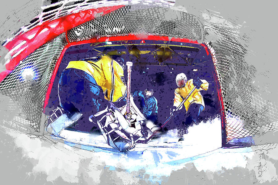 Hockey Painting - Hockey Score Attempt from the Ice Level by Elaine Plesser
