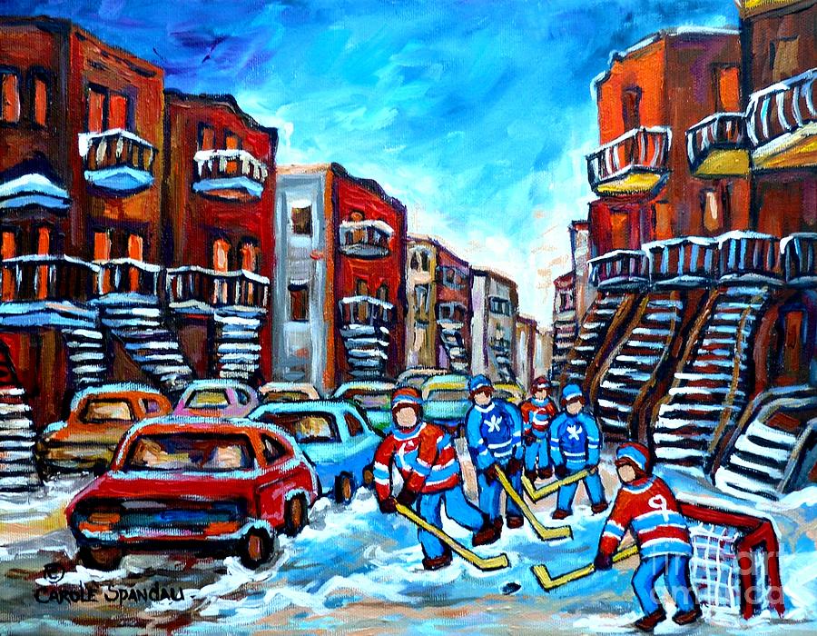 Hockey Streetscene Painting For Sale Montreal Staircases Winter In Verdun C Spandau Snowscenes Painting by Carole Spandau
