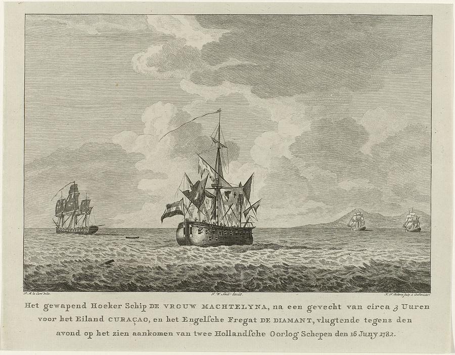 Hoekerschip Vrouw Machtelyna na het gevecht met Engels fregat Diamant voor Curacao  1782 Drawing by Vintage Collectables