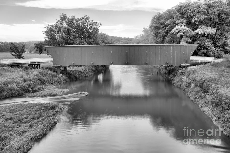 Hogback Covered Bridge Reflections Black And White Photograph by Adam Jewell