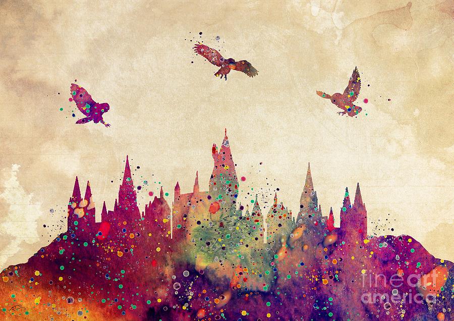 Harry Potter Digital Art - Hogwarts Castle Watercolor Art Print by White Lotus