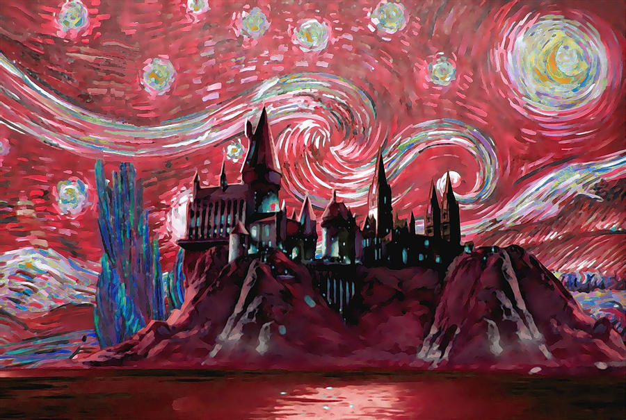 Harry Potter Digital Art - Hogwarts starry night in red by Midex Planet Harry Potter Digital Art - Hogwarts starry night in red by Midex Planet