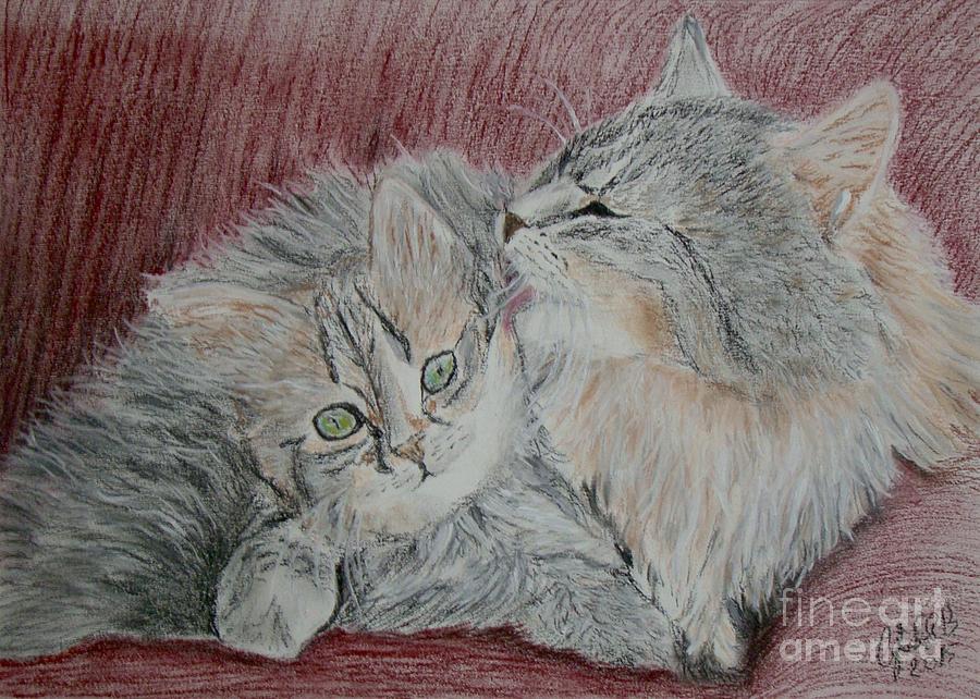 Kitten and mommy cat Pastel by Cybele Chaves