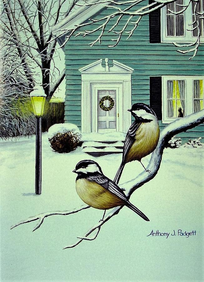Holiday Chickadees Painting by Anthony J Padgett