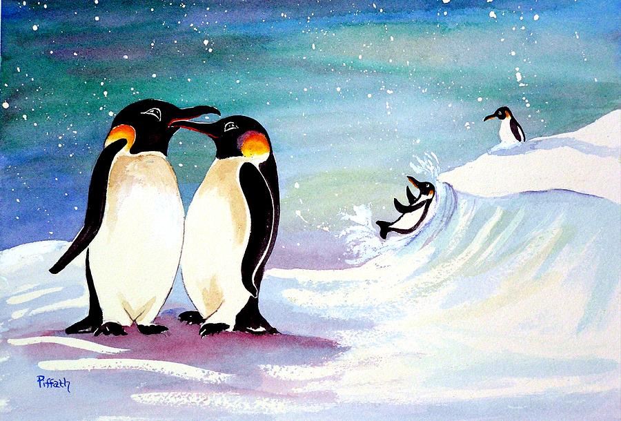 Holiday Penguins Painting by Patricia Piffath