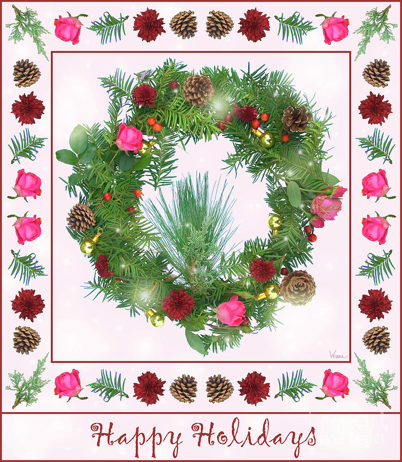Holiday Wreath with Roses and Carnations Digital Art by Lise Winne