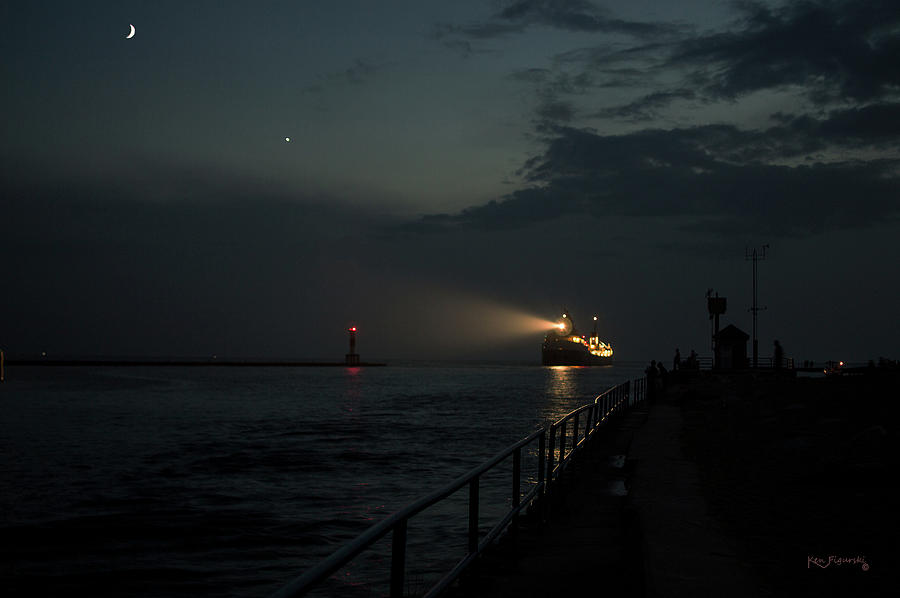  Holland Michigan Inlet  With Freighter Photograph by Ken Figurski