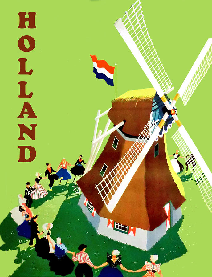 Holland, people around windmill, areal view Painting by Long Shot