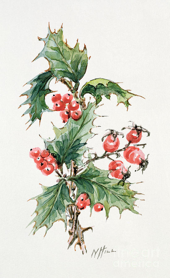 Christmas Painting - Holly and rosehips by Nell Hill