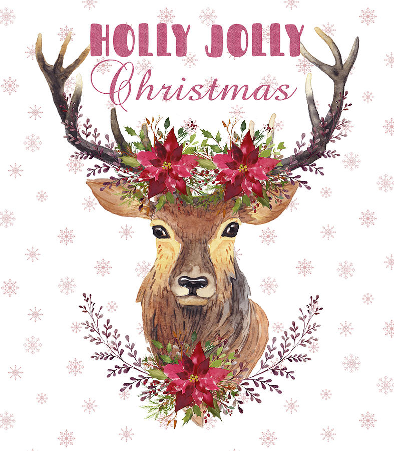 Christmas Painting - Holly Jolly Christmas Watercolor Deer Head Poinsettia Flowers by Georgeta Blanaru