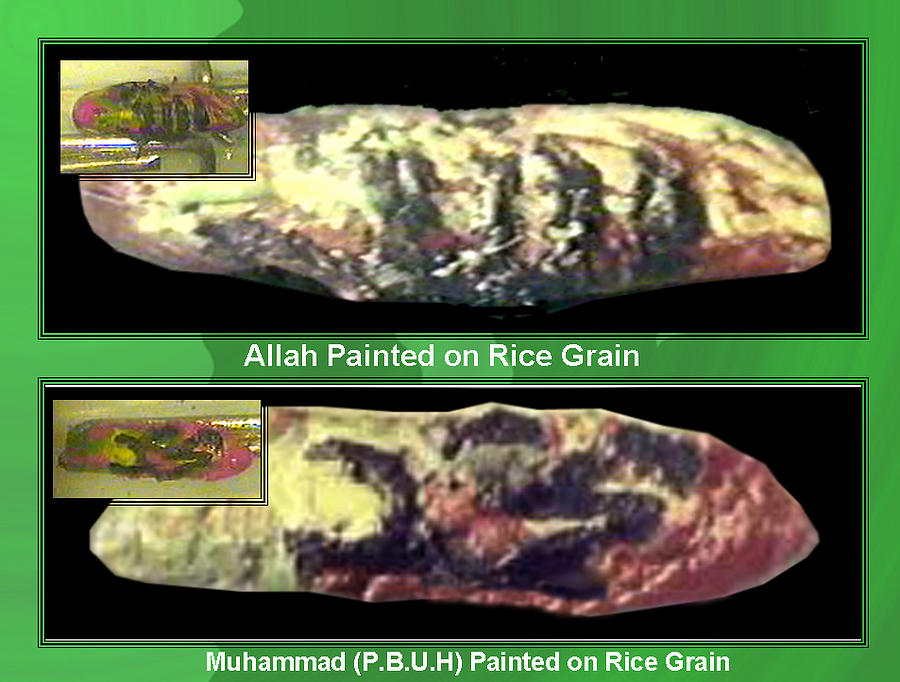 Calligraphy Painting - HOLLY NAMES ALLAH and MUHAMMADP.B.U.H calligraphy on Single Rice Grain by Qaseem Ur- Rahim
