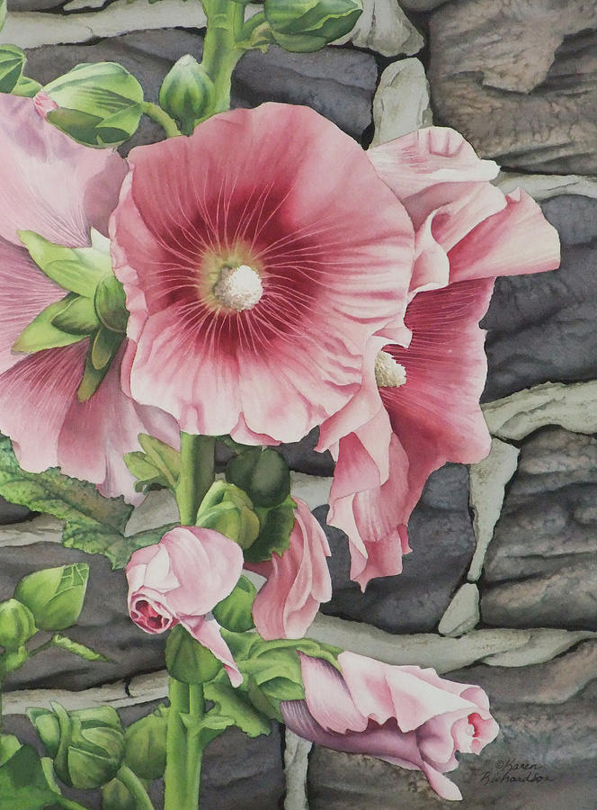 Hollyhock and Stone Painting by Karen Richardson