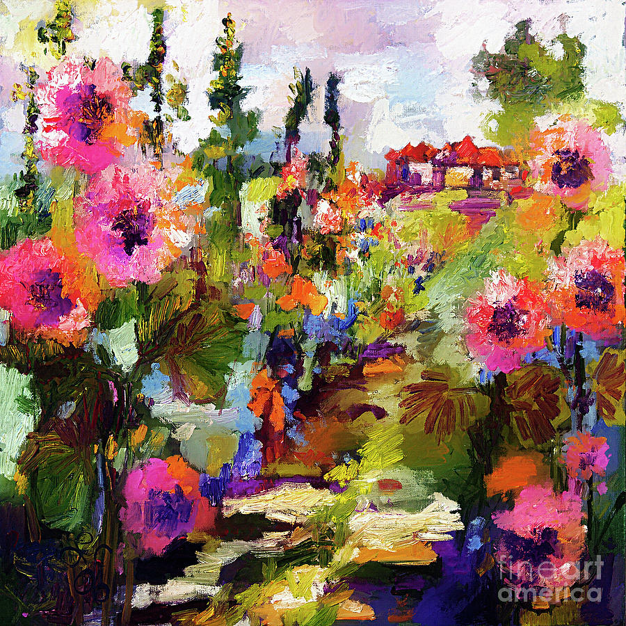 Hollyhock Garden Path Modern Impressionism Painting by Ginette Callaway