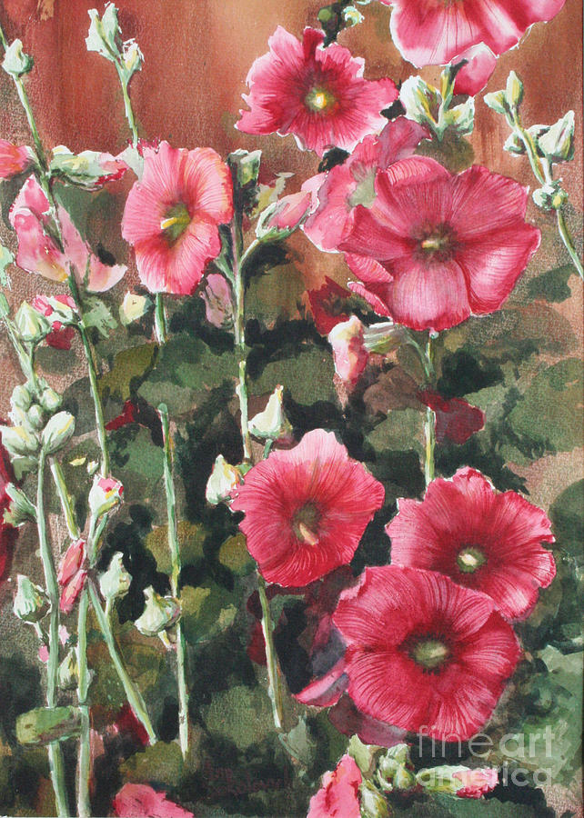 Flower Painting - Hollyhocks Along The Fence by Ann Sokolovich