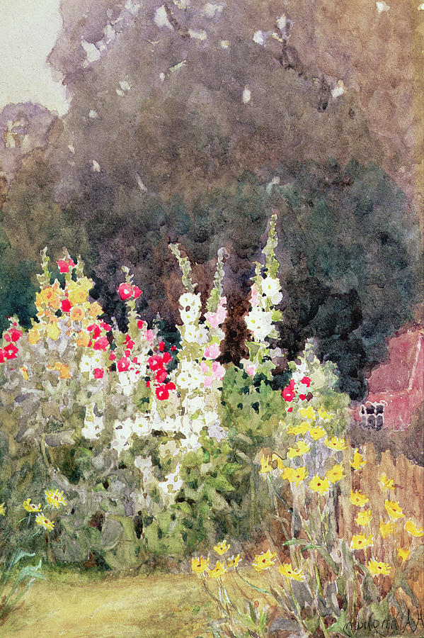 Flower Painting - Hollyhocks by Helen Allingham