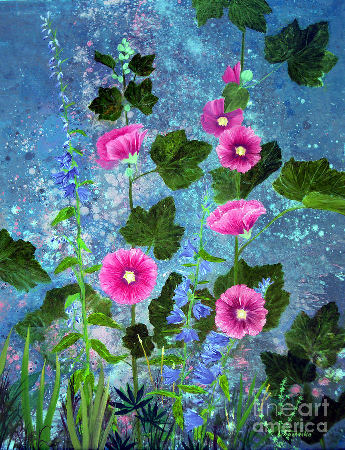 Hollyhocks Painting - Hollyhocks by Laura Tasheiko Hollyhocks Painting - Hollyhocks by Laura Tasheiko