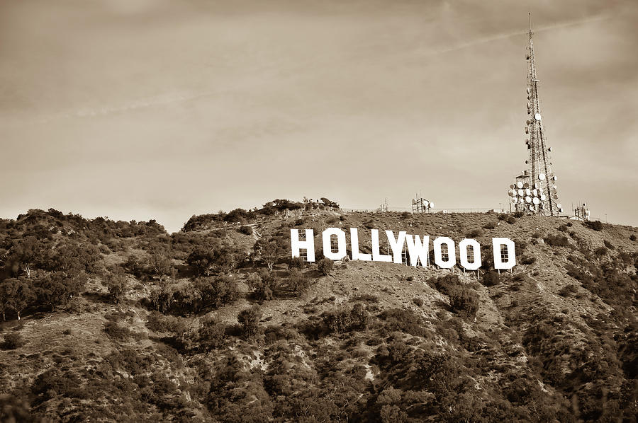 Movie Photograph - Hollywood California Sign on Mountain - Sepia Edition by Gregory Ballos