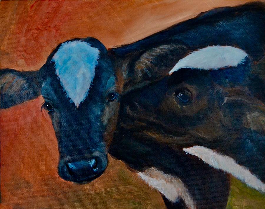 Black And White Painting - Holstein Calves by Darlene Pyle