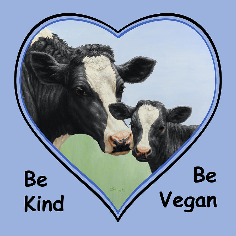 Cow Painting - Holstein Cow and Calf Blue Heart Vegan by Crista Forest