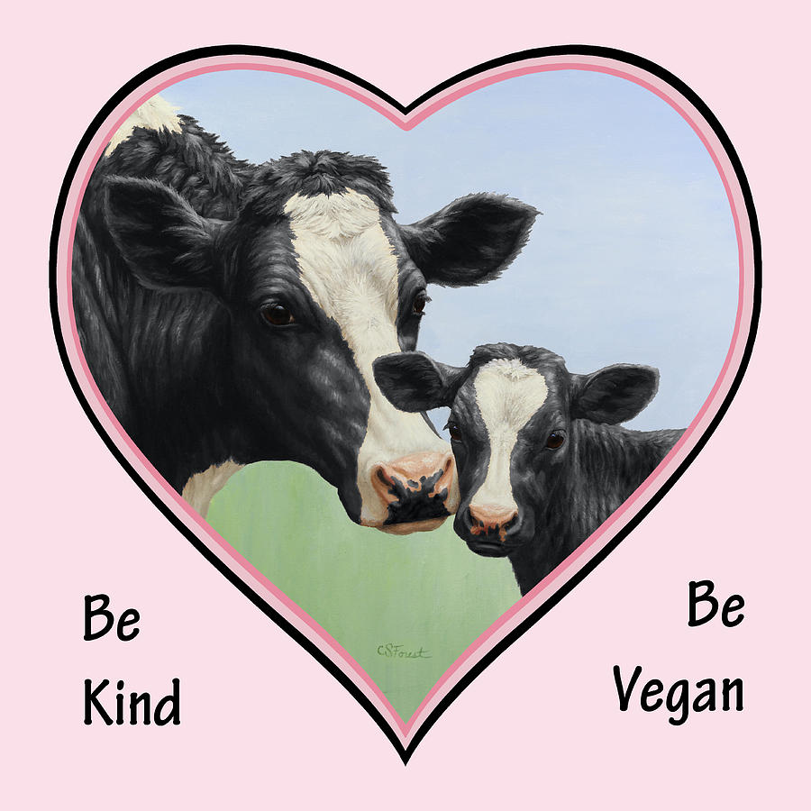 Cow Painting - Holstein Cow and Calf Pink Heart Vegan by Crista Forest