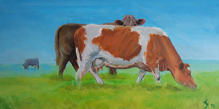 Holstein Friesian Cow and Brown Cow Painting by Mike Jory