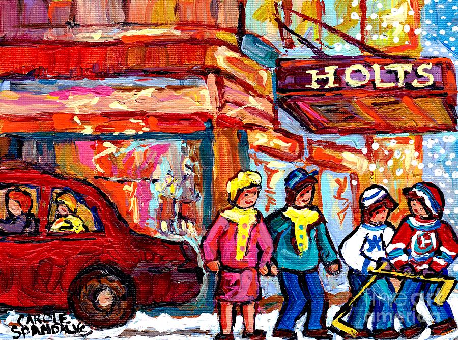 Holts Downtown Montreal Winter Street Scenes Street Hockey Painting Canadian Artist Carole Spandau Painting by Carole Spandau