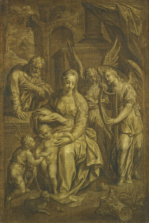 Holy Family with Angels Painting by Attributed to Hendrik de Clerck