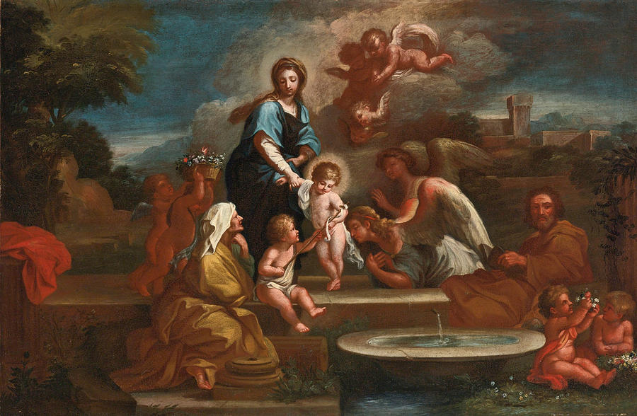 Holy Family with Angels in a Landscape Painting by Attributed to Luigi Garzi
