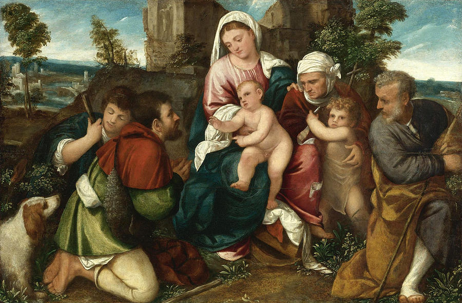 Holy Family with Saint Elizabeth the Infant Saint John and two Shepherds Painting by Bonifazio Veronese