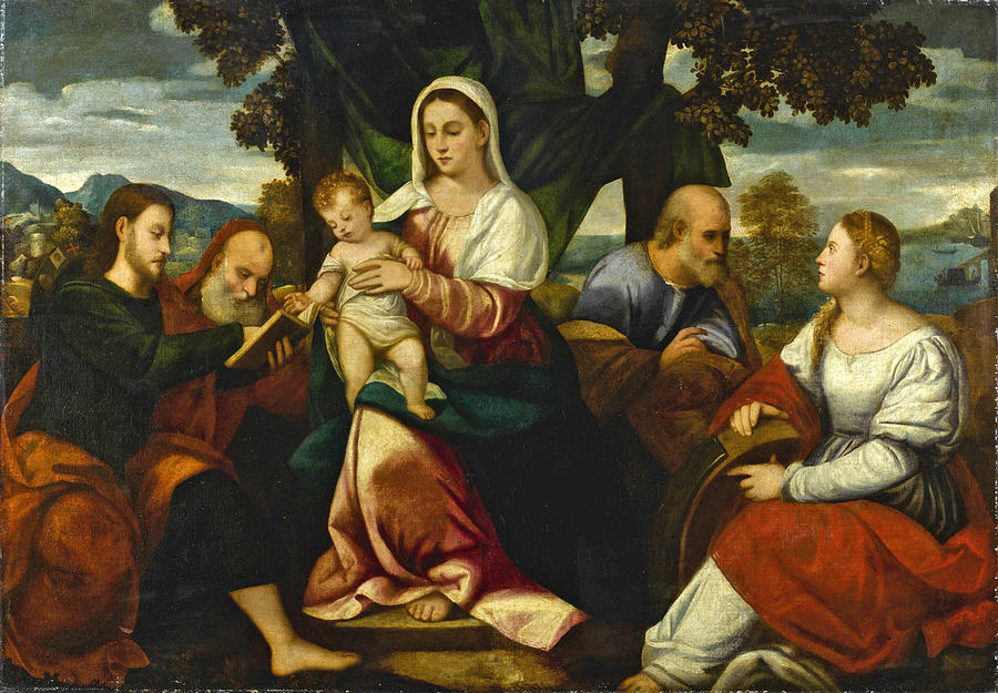 Holy Family with Saint James Major Jerome and Catherine of Alexandria Painting by Bonifazio Veronese and Workshop