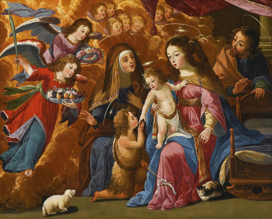 Holy Family with the infant Saint John the Baptist Saint Elizabeth and Angels Painting by Josefa de Obidos