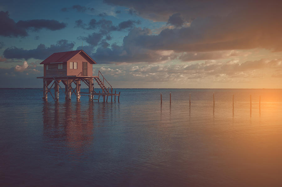 Nature Photograph - Home on the Ocean in Ambergris Caye Belize with Vintage Filter by Brandon Bourdages
