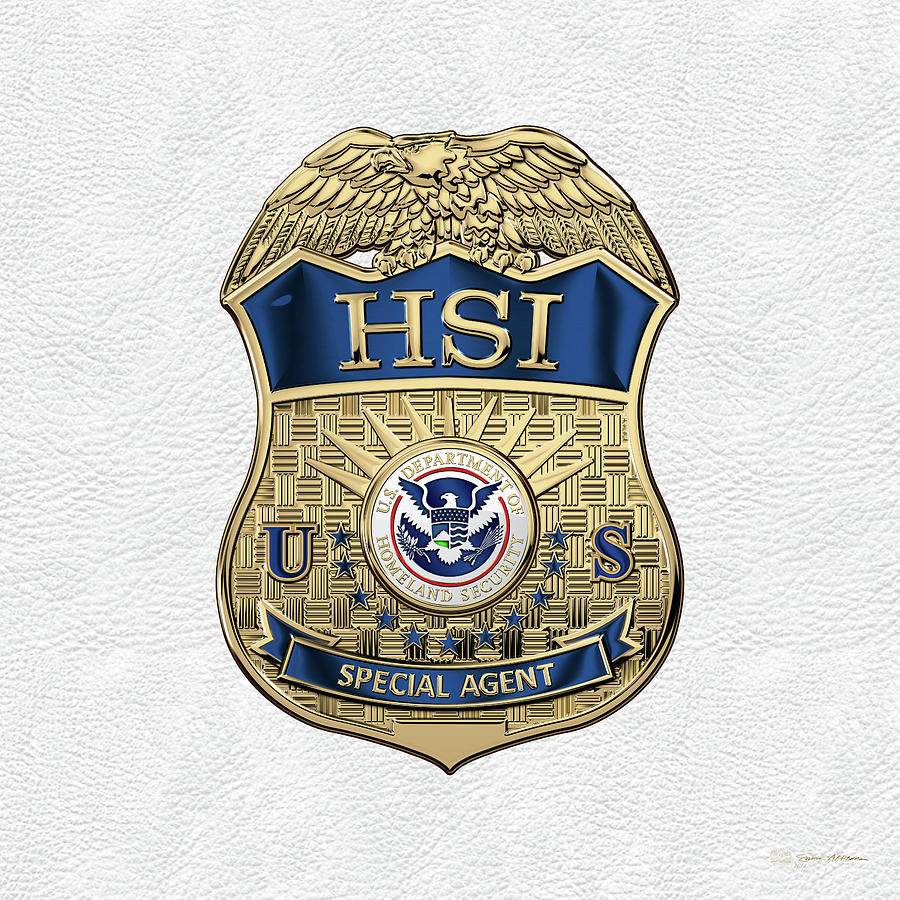 Homeland Security Investigations - H.S.I. Special Agent Badge over White Leather Digital Art by Serge Averbukh