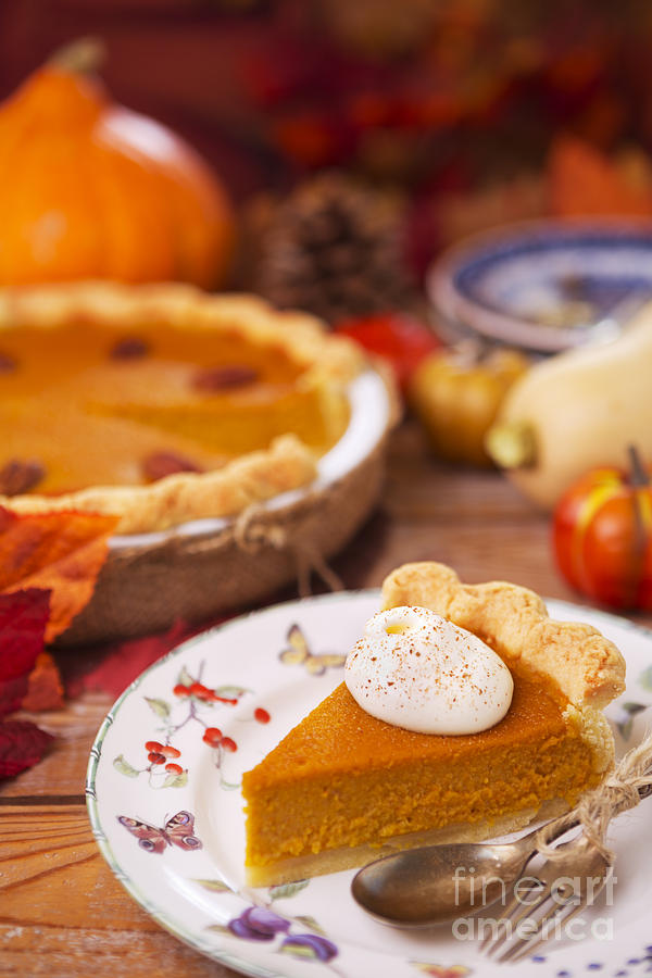 Pumpkin Photograph - Homemade pumpkin pie on a rustic table with autumn decorations by Sara Winter