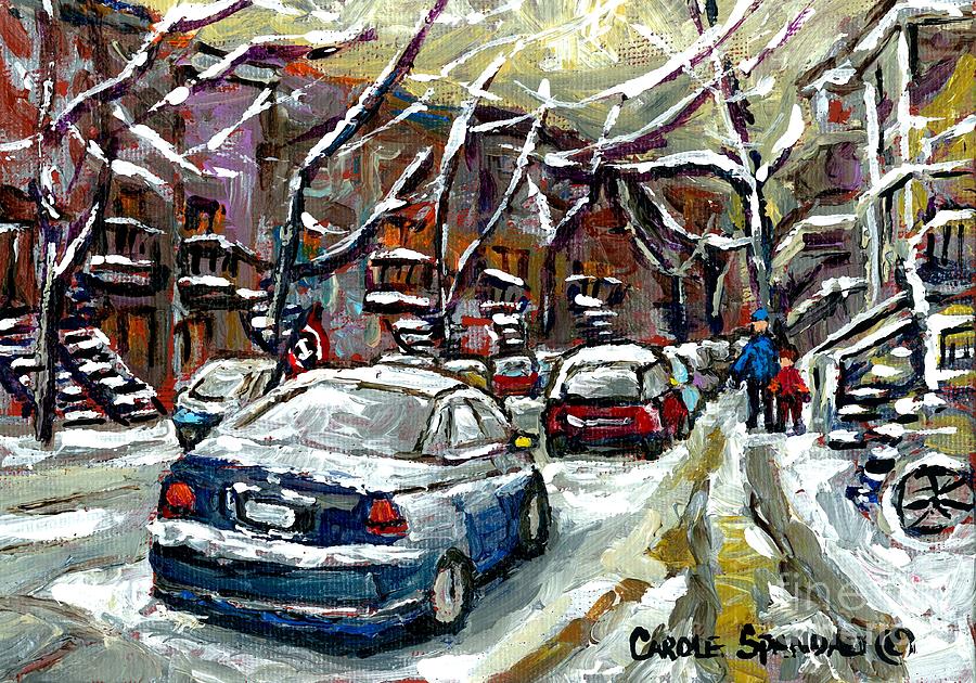 Students WalkinG  ON SNOWY WINTER STREETS Montreal Petits Formats Original Paintings For Sale Painting by Carole Spandau