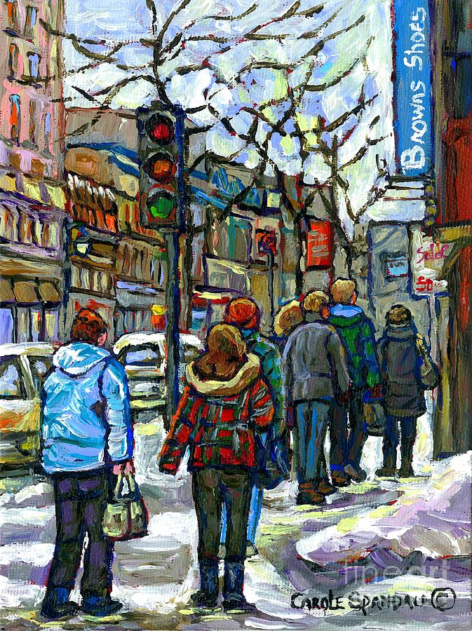Promenade Au Centre Ville Rue Ste Catherine Montreal Winter Street Scene Small Paintings  For Sale Painting by Carole Spandau