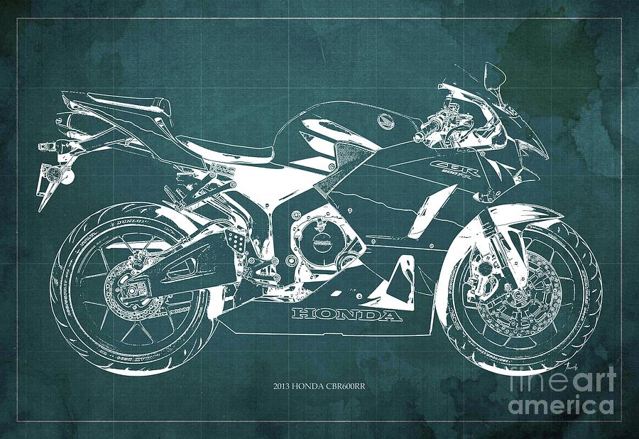 Honda Digital Art - Honda CBR600RR 2013 Blueprint, green vintage background, gift for dad by Drawspots Illustrations
