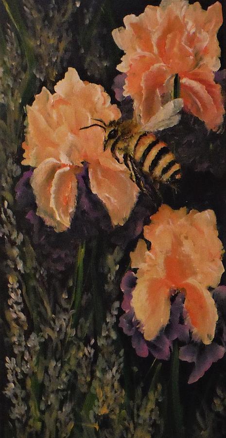 Honey Bee and Iris Painting by Jacqueline Whitcomb