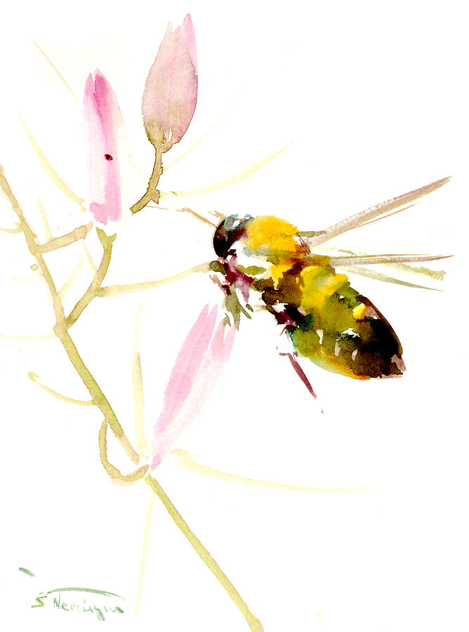 Honey Bee and Pink Flower Painting by Suren Nersisyan