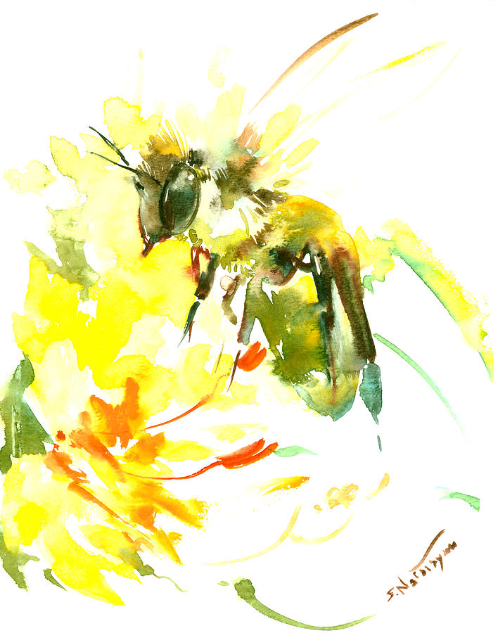 Honey Bee and Yellow Flower Painting by Suren Nersisyan