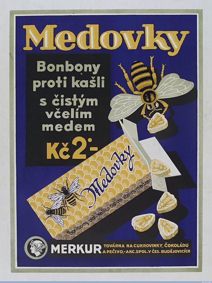 Honey-flavoured cough sweets in the form of bees. Colour lithograph, ca. 1900. Painting by Vincent Monozlay