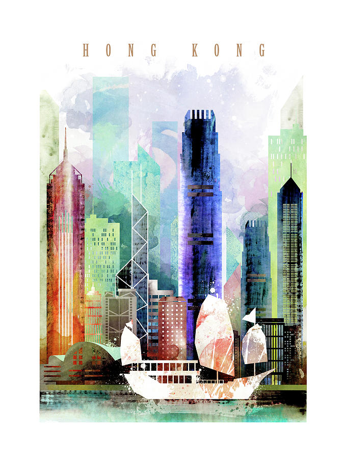 Hong Kong City Skyline Painting by Unique Drawing Pixels